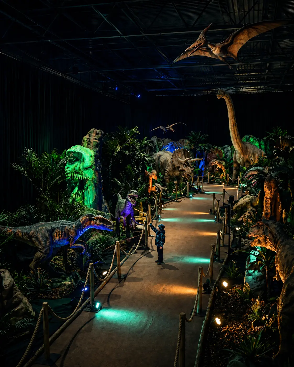 Blick in die Dinosaurier Erlebniswelt mit lebensgroßen Dinosauriern