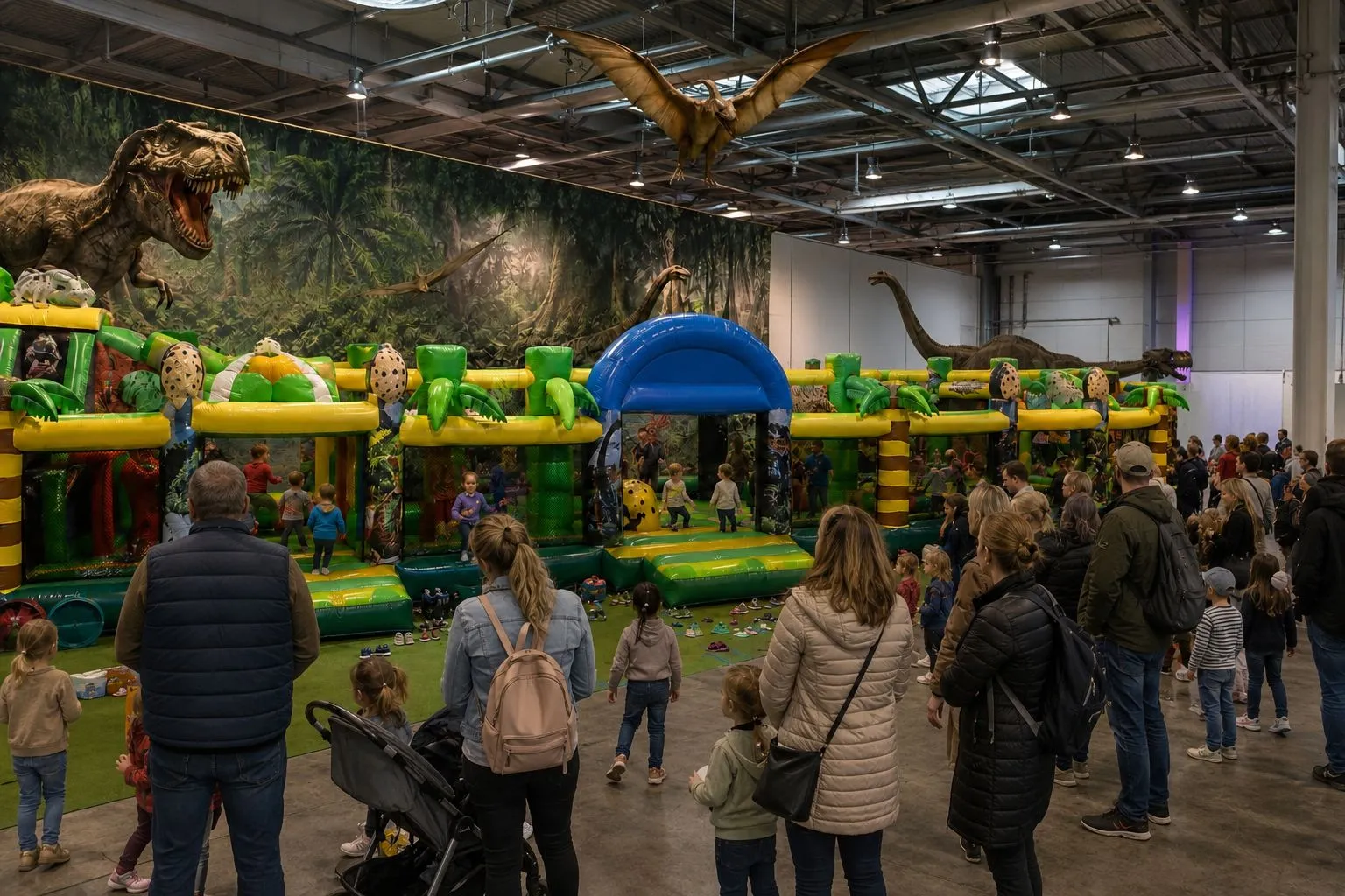 Große Dino-Spielwelt mit Hüpfburgen und lebensgroßen Dinosauriern